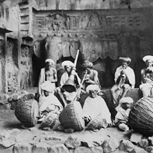 Band of Musicians in the Karla Caves, c. 1860s-90s (b / w photo)