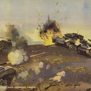 Battle between Allied and German tanks, World War II (colour litho)