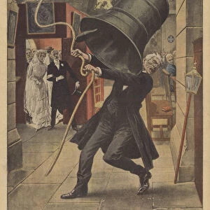 A bell ringer crushed by a church bell (colour litho)