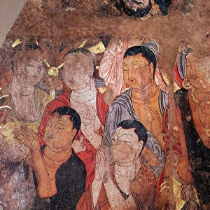 Bouddhisme : "Groupe de moines et de Bodhisattvas"(ou bodhisatta) (Bodhisattvas and monks) Fragment de fresque du 8eme siecle provenant du monastere chinois de Shiksha. Dim