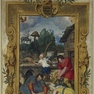 Calendar page for December, slaughtering of the pig, from a book of hours, c