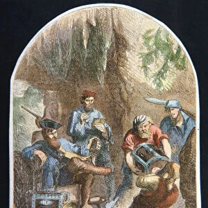 Captain William Kidd concealing treasure in a cavern (colour litho)
