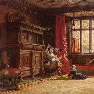 A cavalier in a darkened interior, a bird on his sword, 1843 (oil on canvas)
