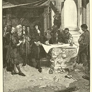 Charles II visiting Wren during the building of St Pauls (engraving)