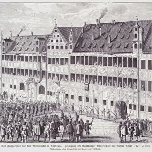 Citizens of Augsburg paying homage to King Gustavus Adolphus of Sweden outside the Fuggerhaus, Thirty Years War, 1632 (engraving)