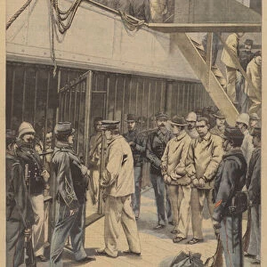 Convicts boarding a ship bound for French Guiana at Saint-Martin-de-Re (colour litho)
