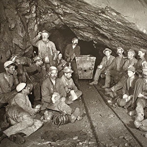 "Croust time", East Pool mine, illustration from Mongst mines and miners, or Underground Scenes by Flash-Light by J. C. Burrows and William Thomas, pub. 1893 (sepia photo)