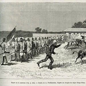 Departure of the portfaix caravan, for a route from Benguela to Quilengues (Angola). Engraving by A. Ferdinandus, to illustrate the story how I crossed Africa, from the Atlantic Ocean to the Indian Ocean, by Major Serpa Pinto, in 1877-1878