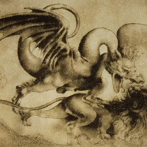 Dragon killing a lion, drawing by Leonardo da Vinci. Gabinetto dei Disegni e Stampe, Uffizi Gallery, Florence