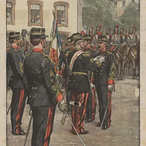 Dreyfuss being decorated with Legion d Honneur in Paris after his rehabilitation, by Achille Beltrame (1871-1945), from La Domenica del Corriere, 1906 (colour litho)