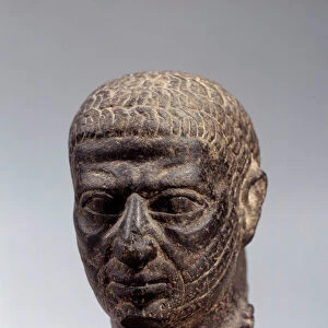 Egyptian antiquite: head of bearded man in basalt. Ptolemaic period. 1st century BC. Sun