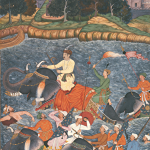 Emperor Akbar (r. 1556-1605) crossing the River Ganges in 1567, from the Akbarnama