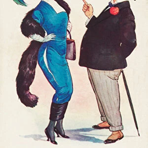 Fashion victim: the side of a womans tight dress splitting as a man tells her a joke (colour litho)