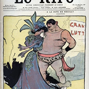 At the feast of Neuilly: care - a woman clothed elegantly talks with a drawing wrestler