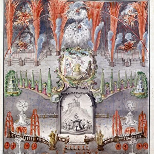 Feux d artifice et illumination le 17 septembre 1747 a Gostilitsy (Russie). Oeuvre anonyme, gravure sur cuivre mise en couleurs a l aquarelle, milieu 18e siecle. Art russe, 18e siecle, art rococo