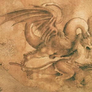 Fight between a Dragon and a Lion (brown ink with wash on paper)