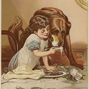Girl feeding dog (chromolitho)
