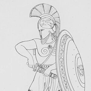 Greek warrior with the visor of his helmet drawn over his face (engraving)