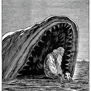 Illustration of Pinocchio by Carlo Chiostri (1863-1939), one of the first Italian illustrators of Collodi's work. The wooden puppet and his father Gepetto will escape swimming from the mouth of the huge shark who swallowed them