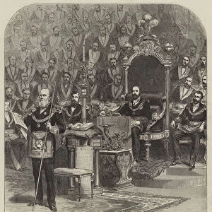 Installation of the Prince of Wales as Grand Master of the Freemasons, Sir Albert Woods proclaiming the New Grand Master (engraving)