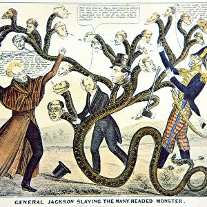 Jackson slaying the many headed monster, 1828 (colour litho)