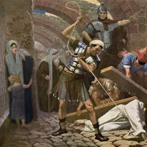 Jesus falls for the second time while carrying his Cross (colour litho)