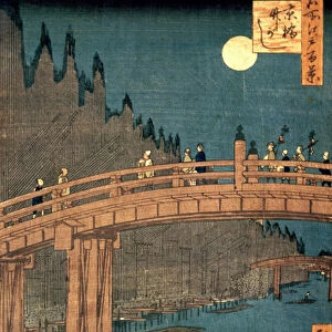 Kyoto bridge by moonlight, from the series 100 Views of Famous Place in Edo, pub. 1855, (colour woodblock print)