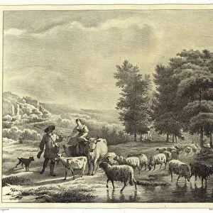 Landscape with herders and animals (litho)