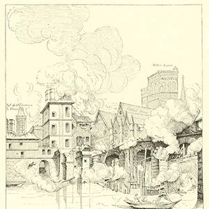 Le Petit-Pont apres l incendie du 27 avril 1718, d apres un dessin du temps conserve a la Bibliotheque nationale (engraving)