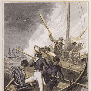 Nelson put on board his ship during a storm (coloured engraving)