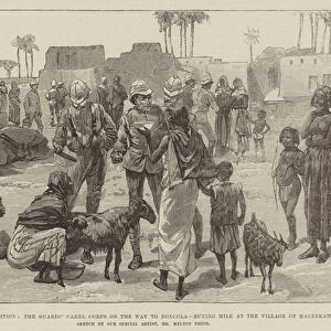 The Nile Expedition, the Guards Camel Corps on the Way to Dongola, buying Milk at the Village of Magrekah (engraving)