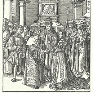 Pope Nicholas V presiding over the marriage of the Holy Roman Emperor Frederick III and Eleanor of Portugal in Rome, 1452 (engraving)