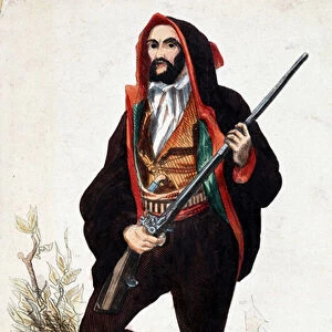 Portrait of Corsican bandit in traditional costume and weapon of a rifle - Sign of S. Markaerdt, 19th century (?)