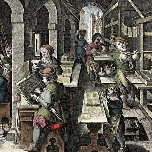 Printing office, c1600 - Holland, Printing: on the left the characters use characters