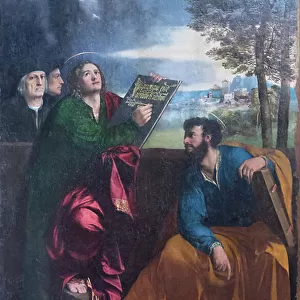 Saint John the evangelist and Saint Bartholomew with Pontichino della Sale and a member of his family, 1527 (oil on panel)