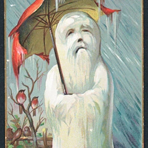 Shivering Snowman under umbrella, Christmas Card (chromolitho)