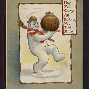 Snowman carrying a Christmas pudding (chromolitho)
