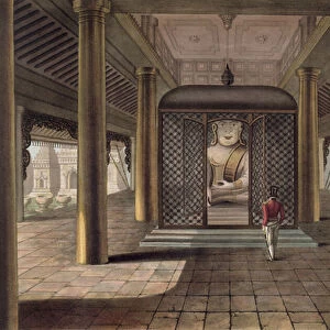 A soldier standing in a Rangoon temple, engraved by George Hunt, 1825 (coloured aquatint)