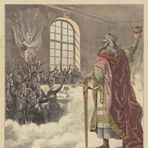 Students of the University of Paris toasting Charlemagne (colour litho)