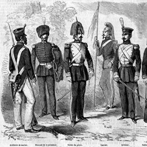 Uniforms of the Spanish army, 1859. From left to right: naval artillery, princess hussard