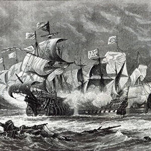 The Vanguard, under Sir William Winter, engaging the Spanish Armada, from Leisure Hour