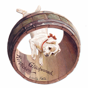 A Victorian Die-cut shape card of a dog in a rolling drum, c. 1880 (colour litho)