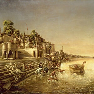 View of Benares with People Bathing and Praying in the Ganges (oil on canvas)