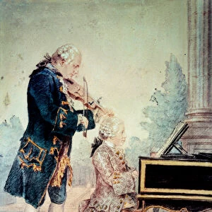 Wolfgang Amadeus Mozart (1756-1791) child playing piano with his father Leopold"