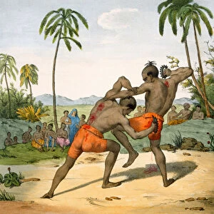 Wrestlers with weapons, 1827-35 (colour litho)