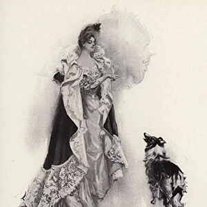 A young woman going out for the evening and bidding her dog to obey instructions (litho)
