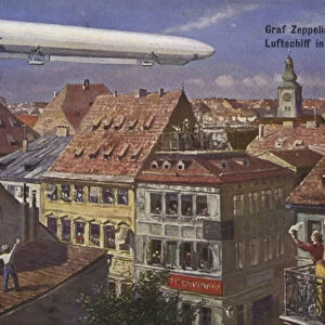 Zeppelin airship in flight (colour litho)