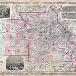 1874, Johnson Map of Missouri and Kansas, topography, cartography, geography, land