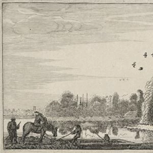 Figures on a ferry near a ruin, print maker: Jan van de Velde II, 1616