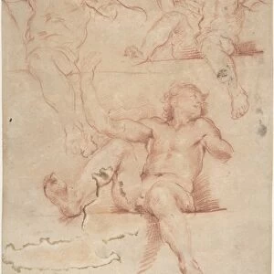 Three Studies Seated Nude Male Raised Arm 17th century